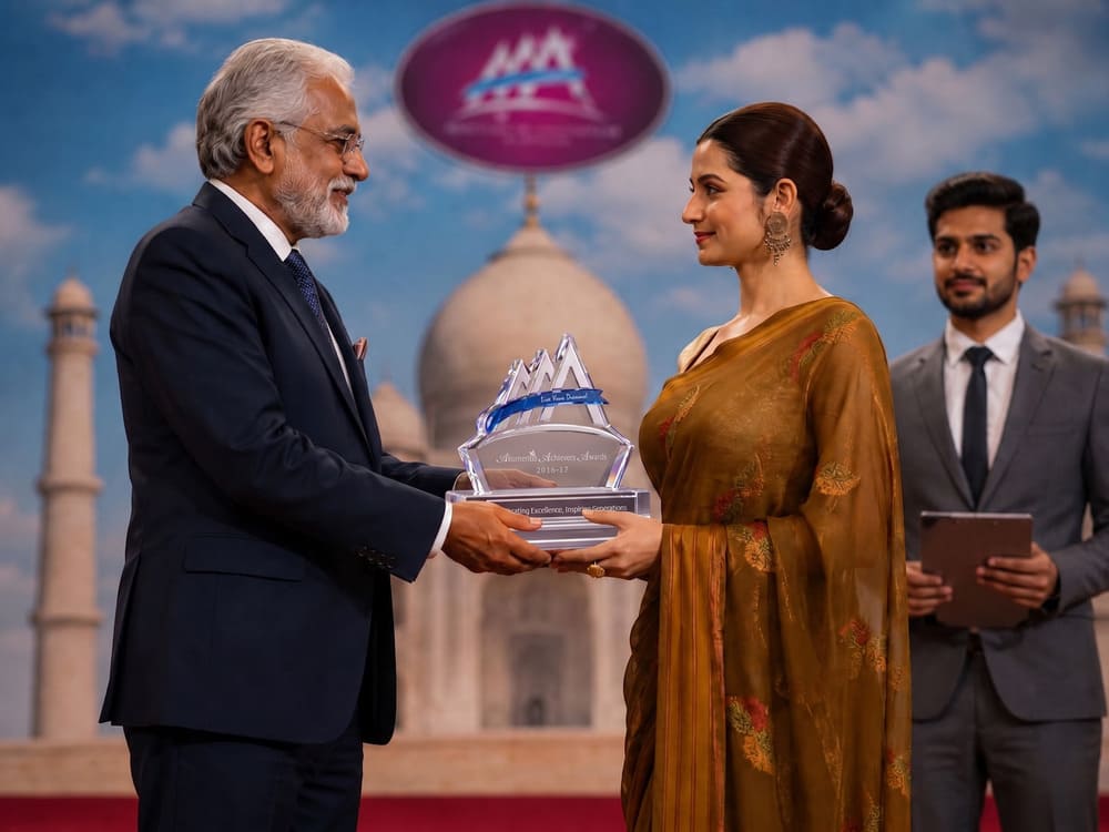 akumentis pharma awards stage trophy beautiful indian woman in saree