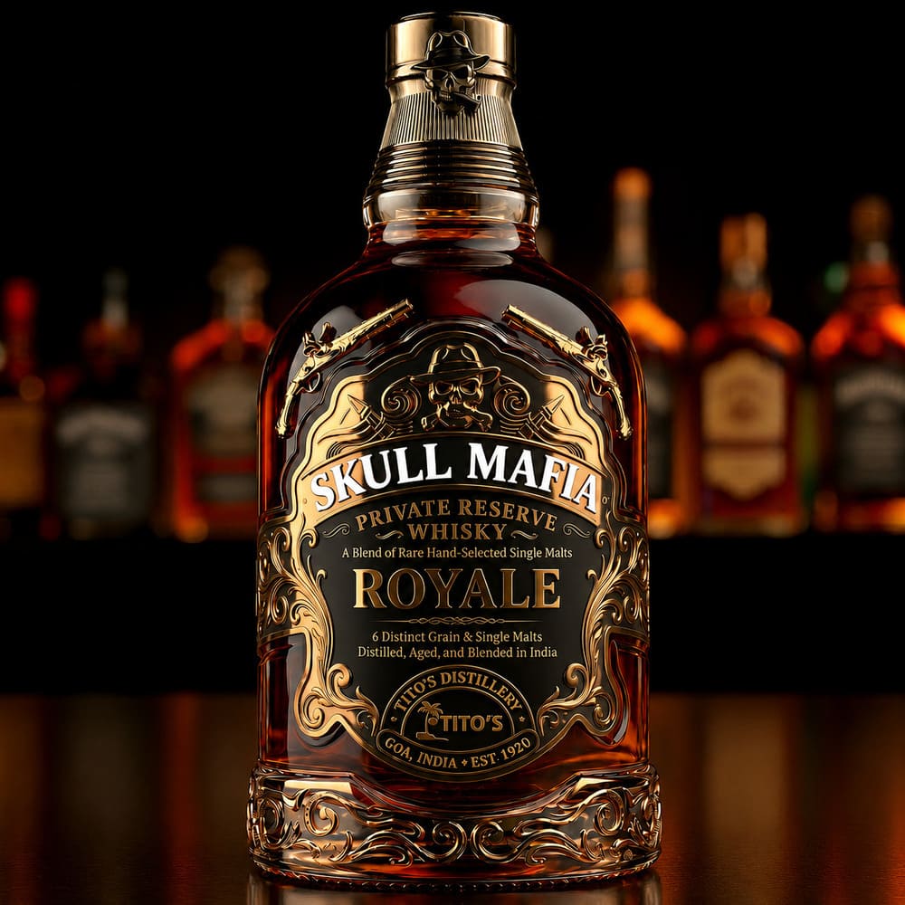 tito's skull mafia premium scotch whiskey bottle label carton design