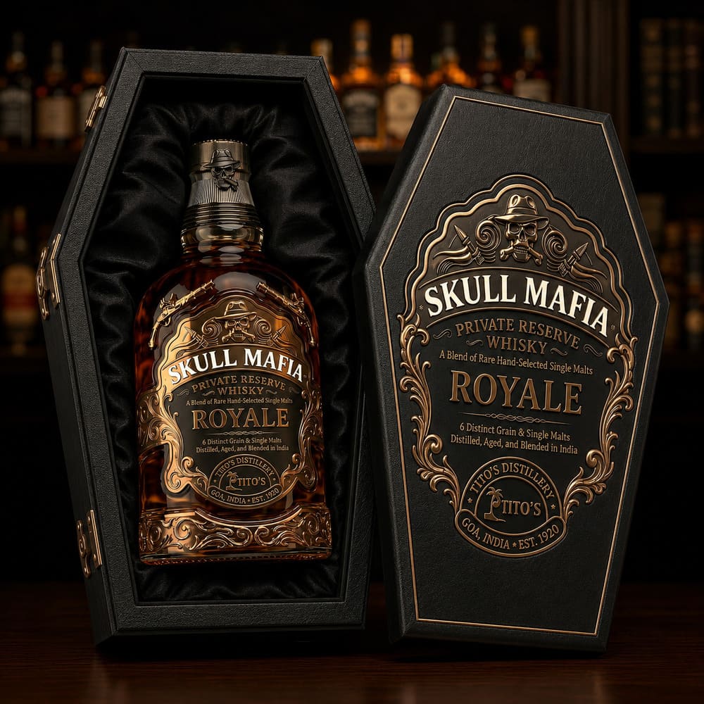 tito's skull mafia premium scotch whiskey bottle label carton design