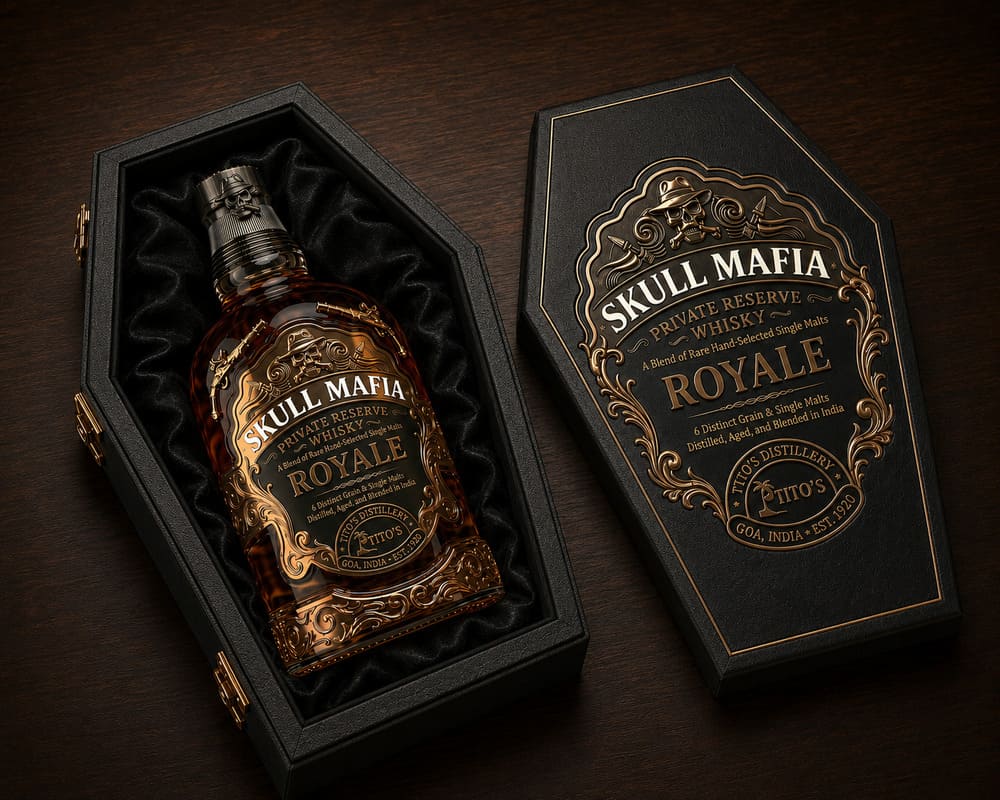 tito's skull mafia premium scotch whiskey bottle label carton design