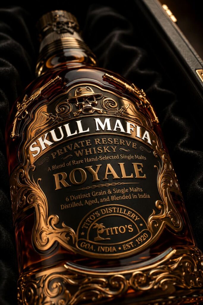 tito's skull mafia premium scotch whiskey bottle label carton design